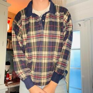 Source Unknown Navy Blue Cream Plaid Crewneck Sweater